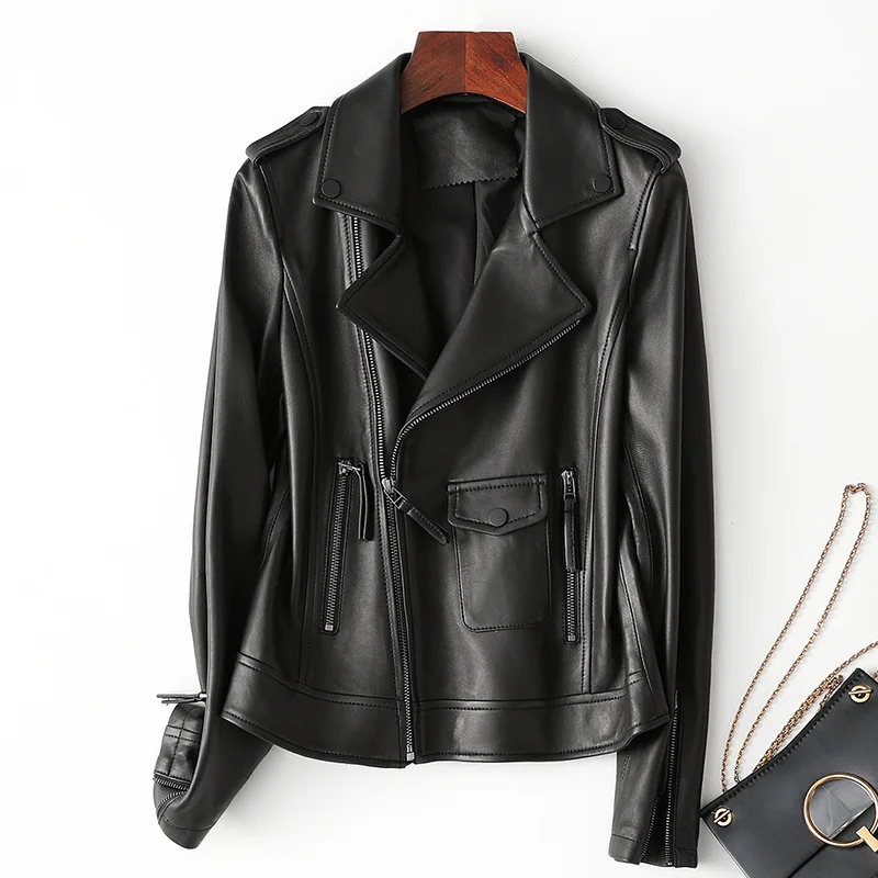 Fashion Short New Slim Real Jacket Women Brown White Lapel Zipper Genuine Leather Sheepskin Coat Motorcycle High Quality