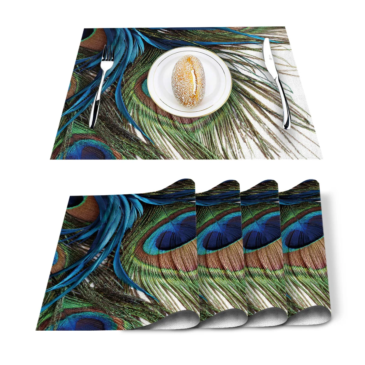 4/6pcs Set Table Mats Peacock Feather Art Printed Cotton Linen Table Napkin Kitchen Accessories Home Party Decorative Placemats