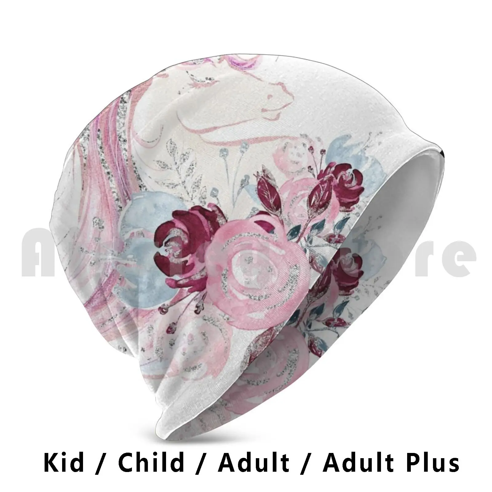 Pink Glitter Unicorns , And Flowers Beanies Pullover Cap Comfortable Pink Watercolor Glitter Unicorns Flower