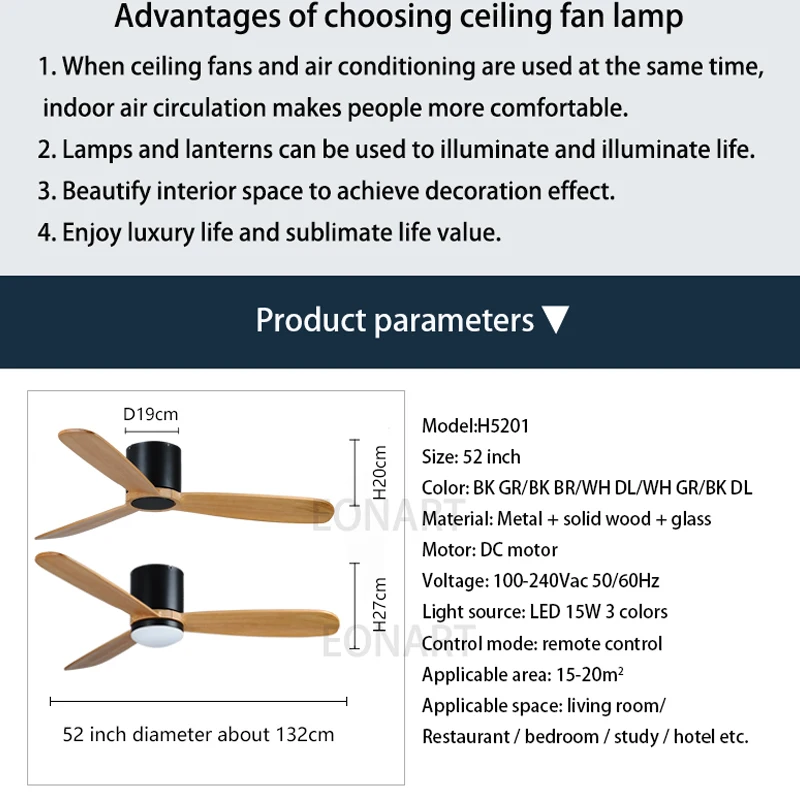 52 Inch Low Floor Wood Led Dc Ceiling Fan With Lamp Remote Control Modern Indoor Solid Wood Fans For Home With Light Ventilador