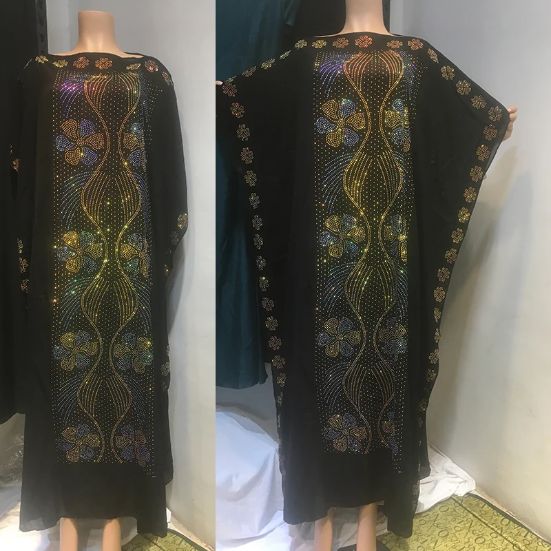 African Traditional Cultural Wear Kaftan Dresses Black Long Islam Clothes Diamond Inlay Jumpsuit Plus Size Cotton Robe For Women