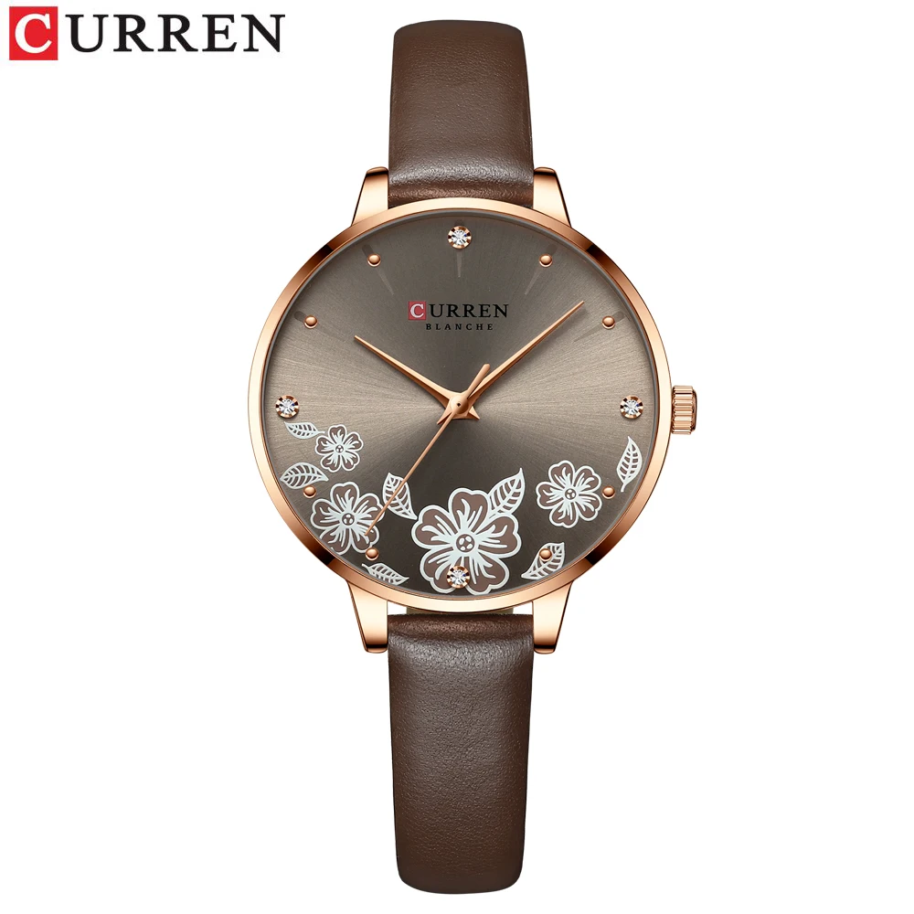 CURREN – montre-bracelet en cuir pour femmes, étanche, Design de luxe, rétro, cadran à fleurs