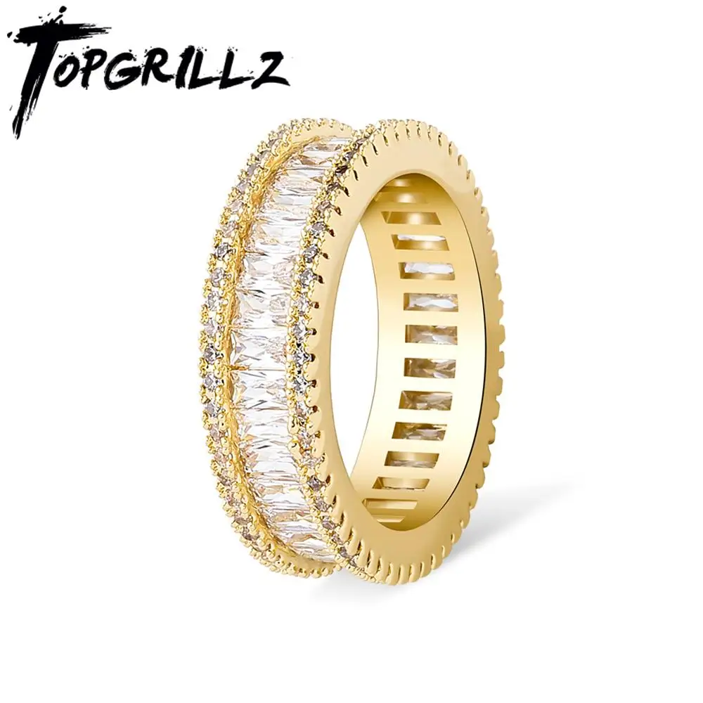 TOPGRILLZ New Baguette Rings Gold Color High Quality Copper Iced Out Rings Hip Hop Fashion Personality Jewelry For Gift