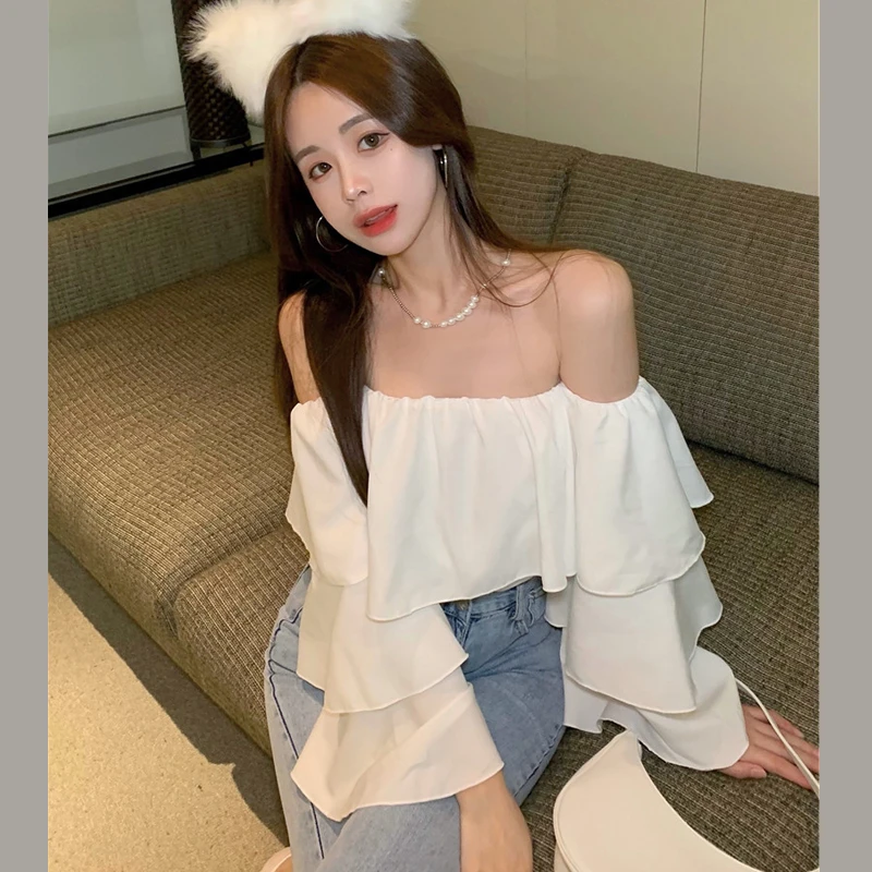 Sexy Blouses Women Camisa De Gasa Summer Thin Pure Color Slash Neck Leisure Folds Streetwear Ladies Korean Design Off Shoulder