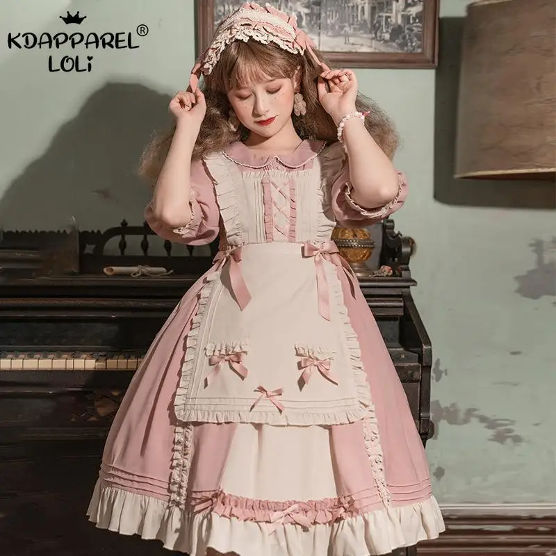 Girls OP Dresses Lolita Bows Sweet Doll Collar Short-Sleeve/Long-Sleeve Soft With Apron Cosplay Birthday Party Women Summer New