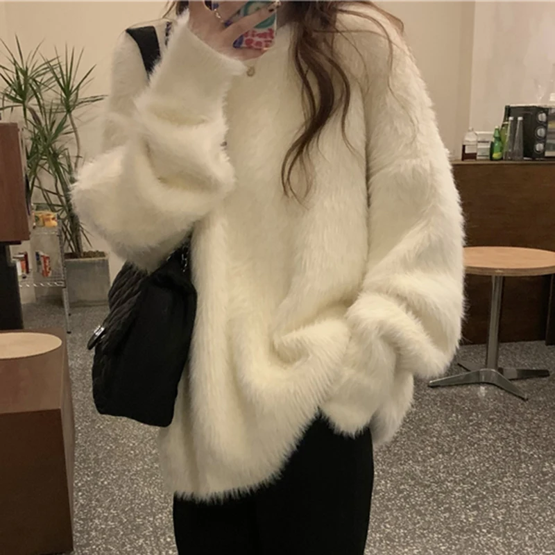 Women\'s White Sweater Coat Fall Winter Thick Loose Soft Mink Fleece Sweater Solid Oversize Jumper Plush Lazy Style Pullover Top