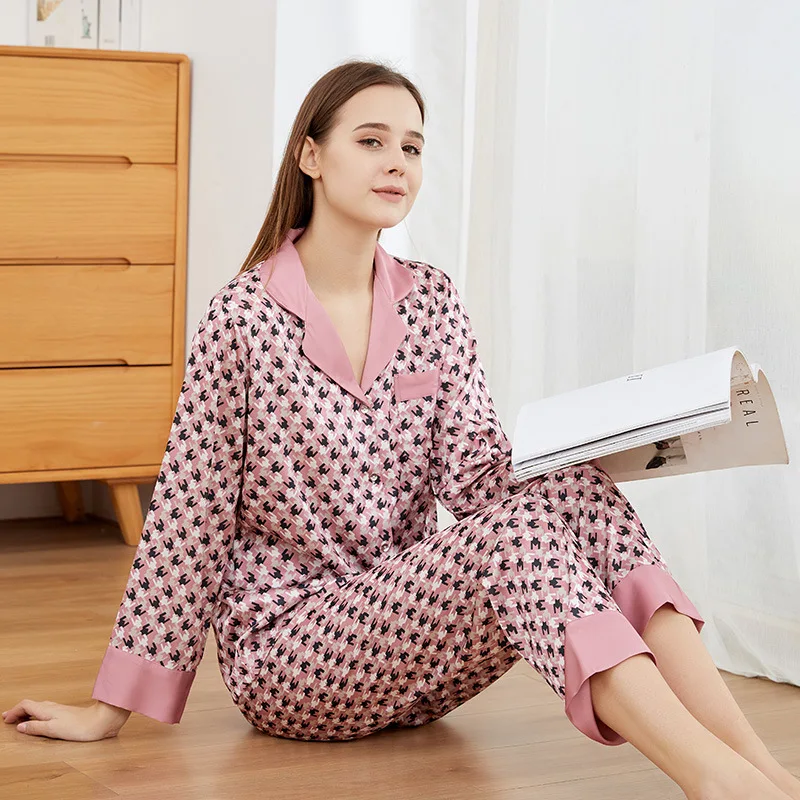 

Sexy Pajamas Suit Women Satin 2PCS Sleep Set Home Clothing Spring Autumn New Nightwear Intimate Lingerie Casual Shirt&Pants