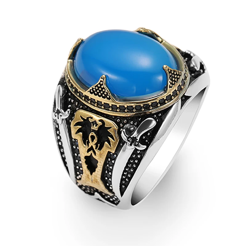 Classic Hot Sale Ghost Double Sword Blue Stone Rings for Men Fashion Charm Jewelry Gift