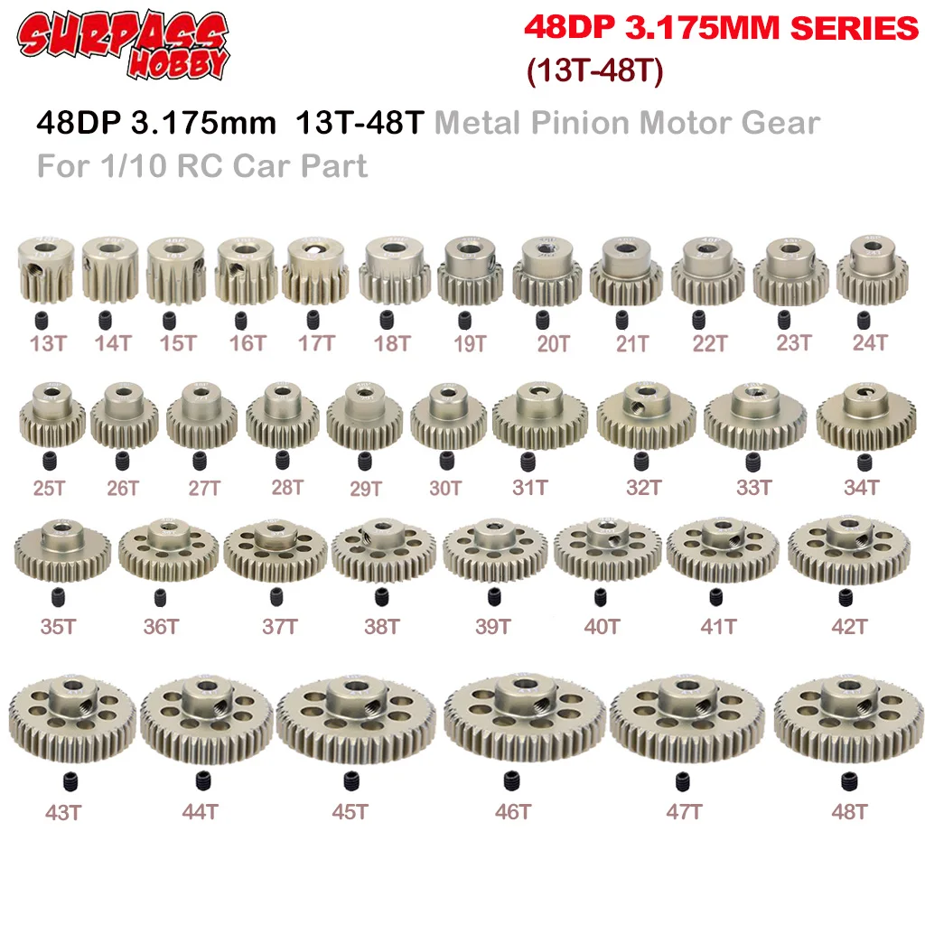 Surpass Hobby 1Pcs 48DP 3.175mm 13T 14T 15T-26T 27T-36T 37T- 40T 41T-47T 48T Metal Motor Pinion Gear for 1/12 1/10 RC Car Parts