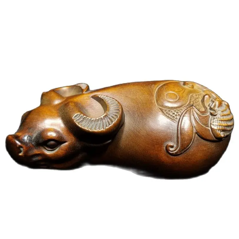 Chinese Antique Wood Sculpture Hand Carved Boxwood Cattle Statue Art bovine