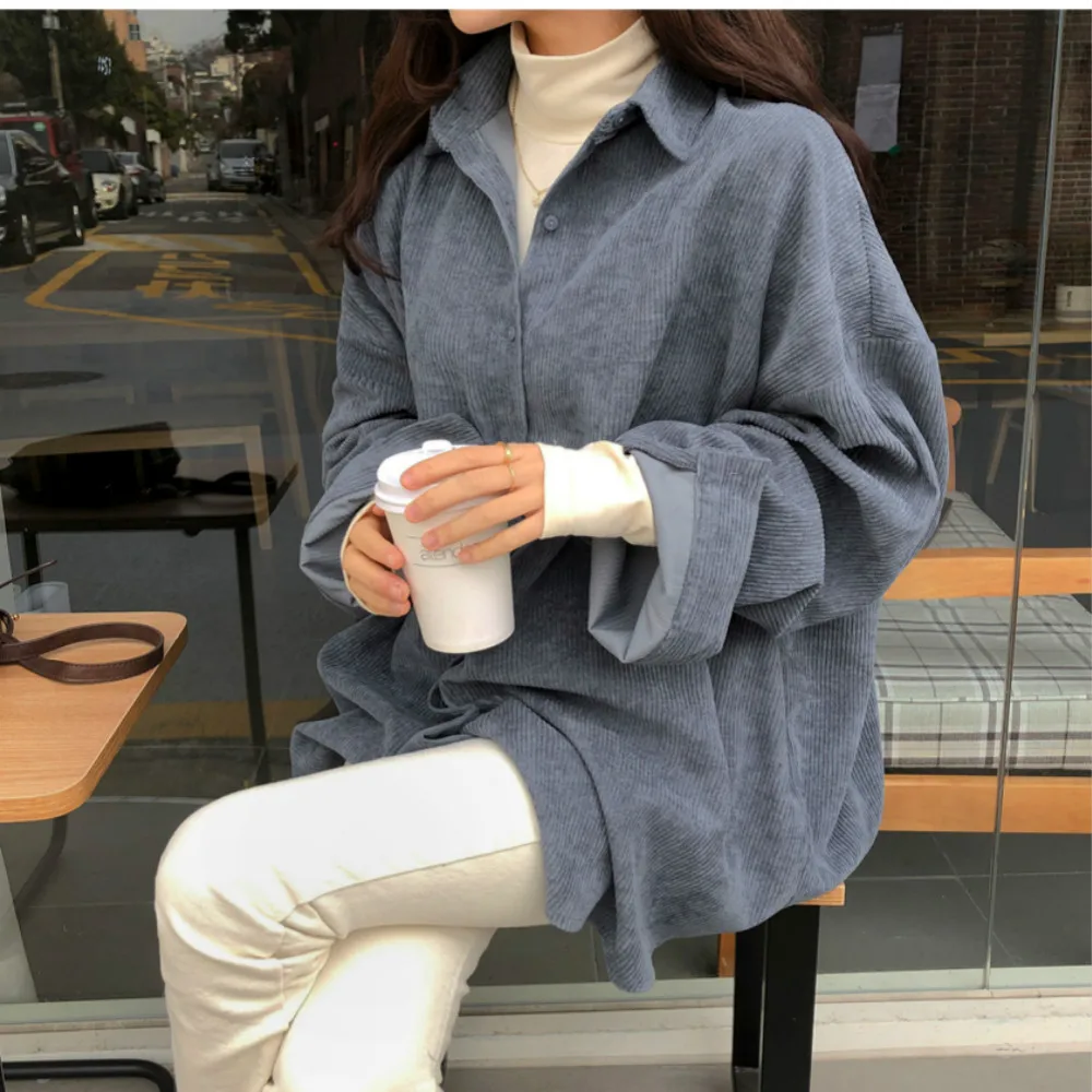 Women Autumn Long Sleeve beige Corduroy Shirt Coat oversized Tops long sleeve blouses single breasted