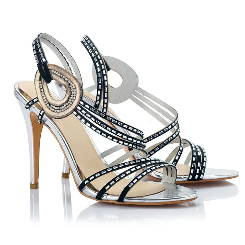 Woman Circle Crossed Rhinestone Straps Sandals Silver Thin High Heels Peep Toe Shoes Summer Bling Party Sandals