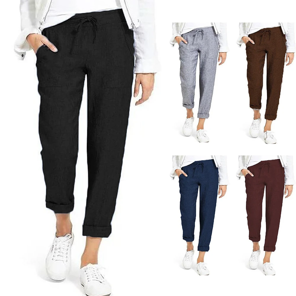 

Cotton Linen Pants Women Soft Loose Sports Pants Breathable Slim Ankle Length Trousers Leisure Fitness Pants