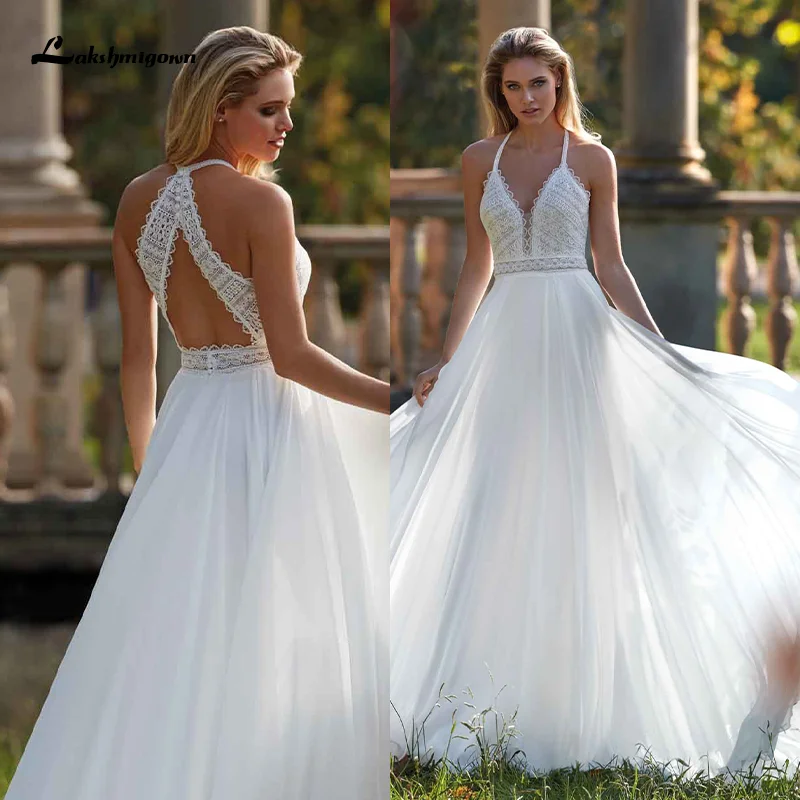 Sexy Halter Boho abito da sposa senza maniche scollo A v Tulle una linea abiti da sposa da sposa bohémien vestido novia abito da sposa da spiaggia