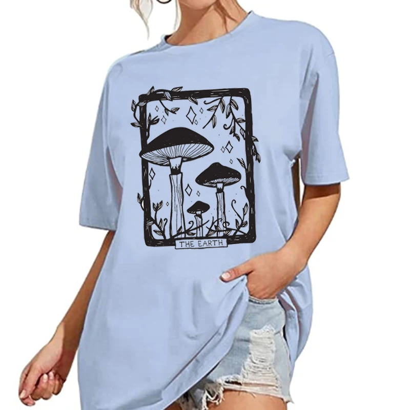 Mushroom Tarot Card T Shirt Vintage Aesthetic Short Sleeve Plus Size Tshirt Plant Vegan Women Graphic Tees Cottagecore Clothes