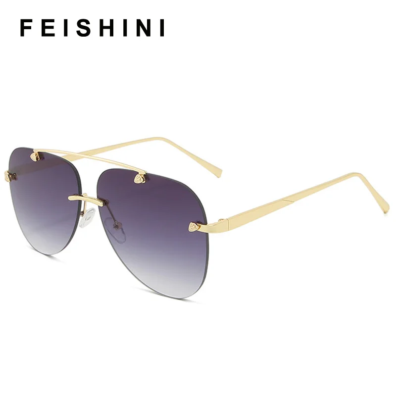 FEISHINI-gafas de sol sin montura para hombre y mujer, lentes de sol de marca de Metal con espejo, a la moda, de piloto, con protección UV y