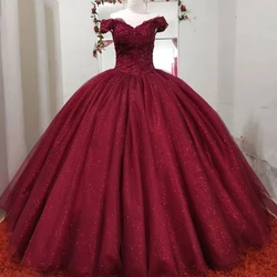 Angelsbridep Sparkly Burgundy Quinceanera Dresses Fashion Appliques Tulle Formal Princess 15 Party Birthday Gowns Robe De Bal