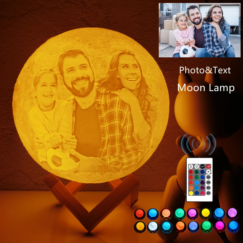 Lámpara de luna de impresión 3D personalizada, foto/texto, luz nocturna personalizada, recargable por USB, táctil/toque/interruptor remoto