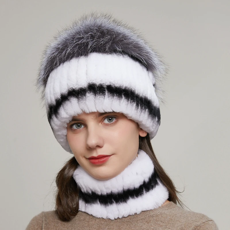 Women's Real Rex Rabbit Fur Hat Winter Rex Rabbit Hairy Peas Striped Top Flower Real Fox Fur Warm Ear Protection Knitted cap