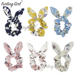 Furling Girl 1 PC Floral Chiffon Fabric Bunny Ears Elastic Hair Bands Peach Flower Design Rabbit Ears Hair Bow Hair Accessories