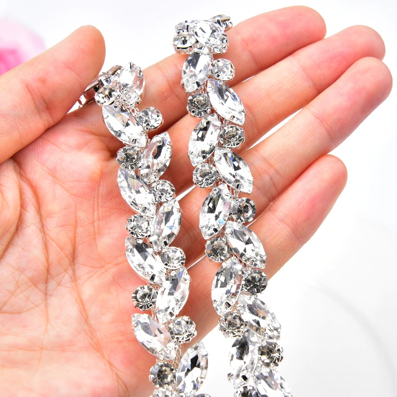 AB Crystal Leaf Trim Diamond Glass Horse Eye Rhinestone Cup Chain Decorative Ribbon Applique Sew on Clothes Shoes Accessories