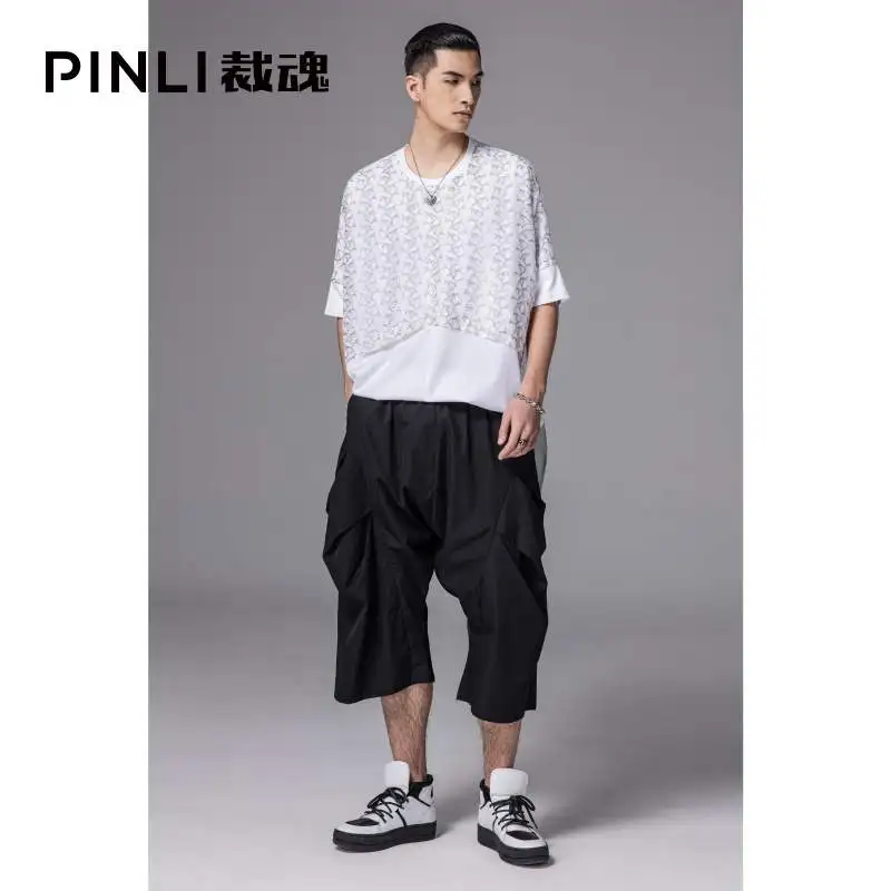 Free shipping New Men's Male Trend Summer dark loose flashing jacquard stitching mid-length Short Sleeve T-shirt BC211111066