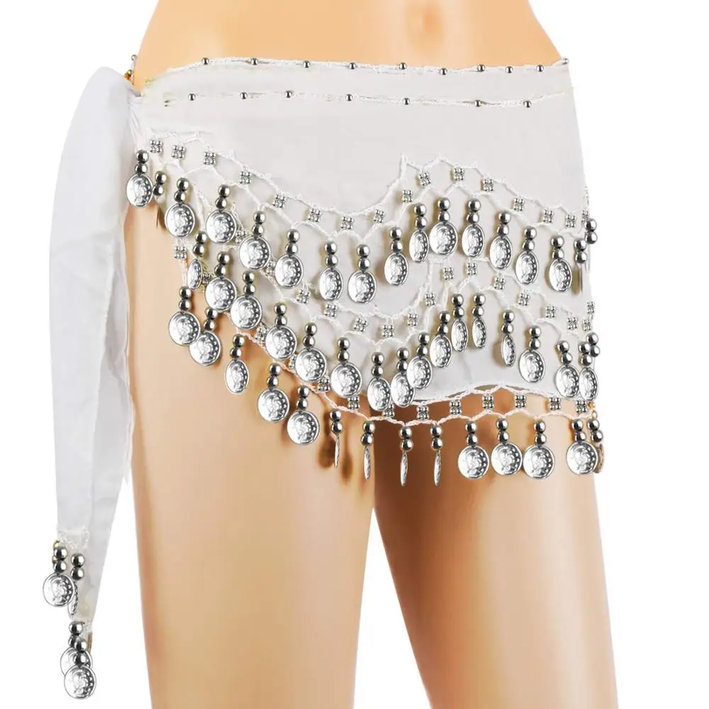 Hip Scarfs for Belly Dancing with 128-Silver Coins Waist Costume Belt Chiffon Dance Sequins Hip Scarf Multi Colors Choose