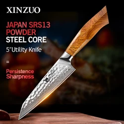 XINZUO 5'' Utility Knife Japan 49 Layers SRS13/R2/SG2 Damascus Steel Blade Desert Ironwood Handle Exquisite Acacia Wood Gift Box