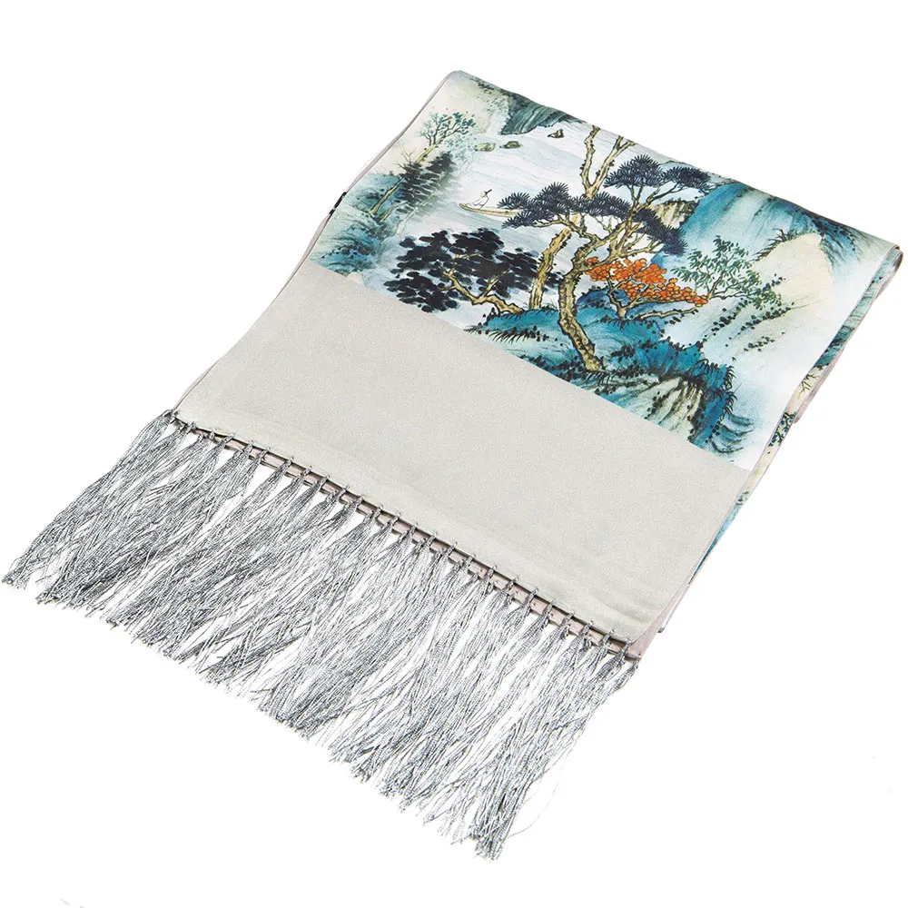 100% Pure Silk Scarf for Men Long Silk Shawl Designer Scarf Top Print Chinese Painting Male Shawl Hot Luxury Gift for Gentlemen