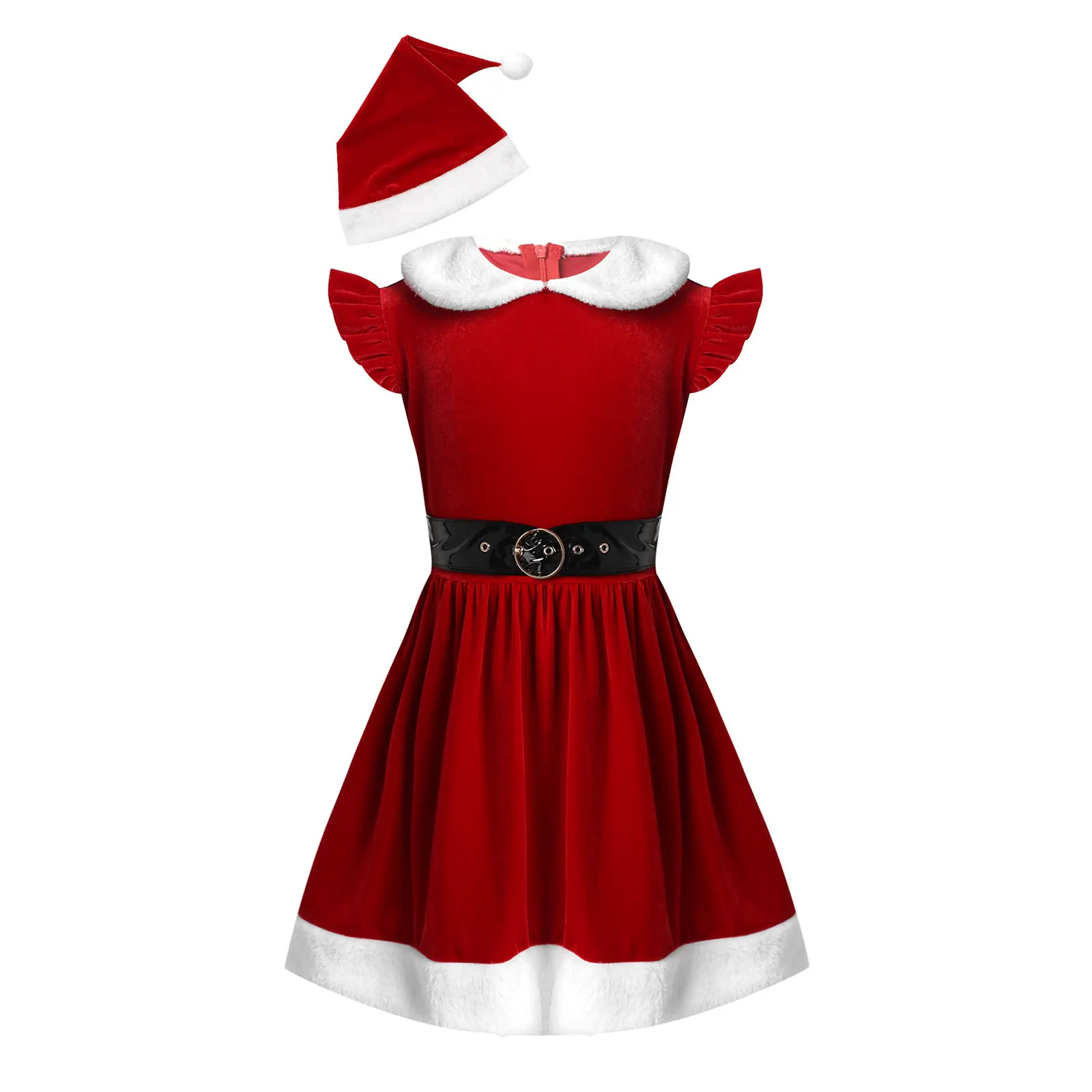 Kids Girls Christmas Dress 2020 New Year Costume Santa Claus Outfits sleeveless A-line Tutu Dresses with Hat and Waistband Set