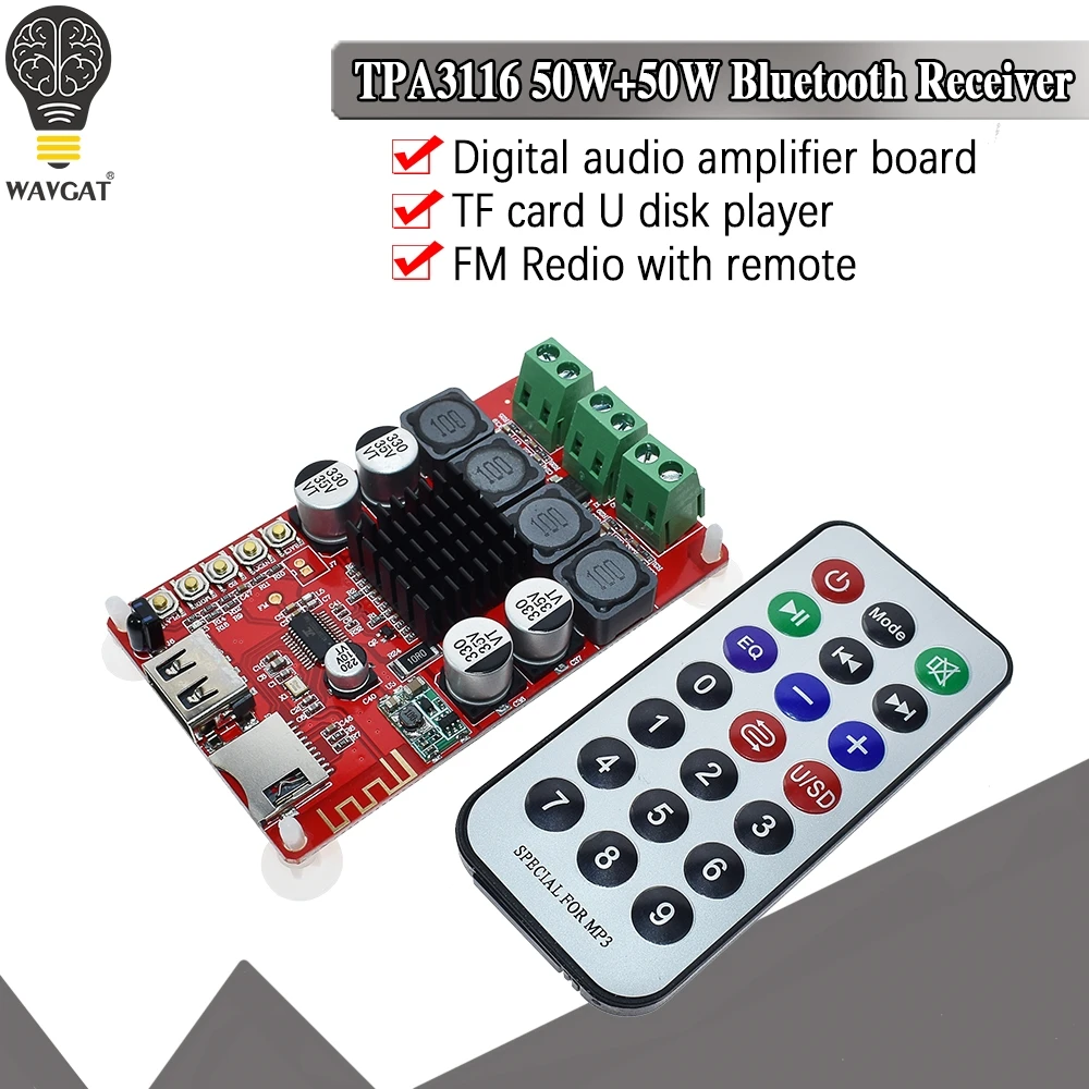 WAVGAT TPA3116 50W+50W Bluetooth Receiver Digital Audio Amplifier Board TF card U disk player FM Redio With Remote control