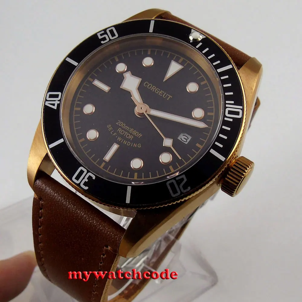 

41mm CORGEUT Brand Bronze Coated Sapphire Glass Leather Strap MIYOTA /ST Movement Date WindowAutomatic Men Watch