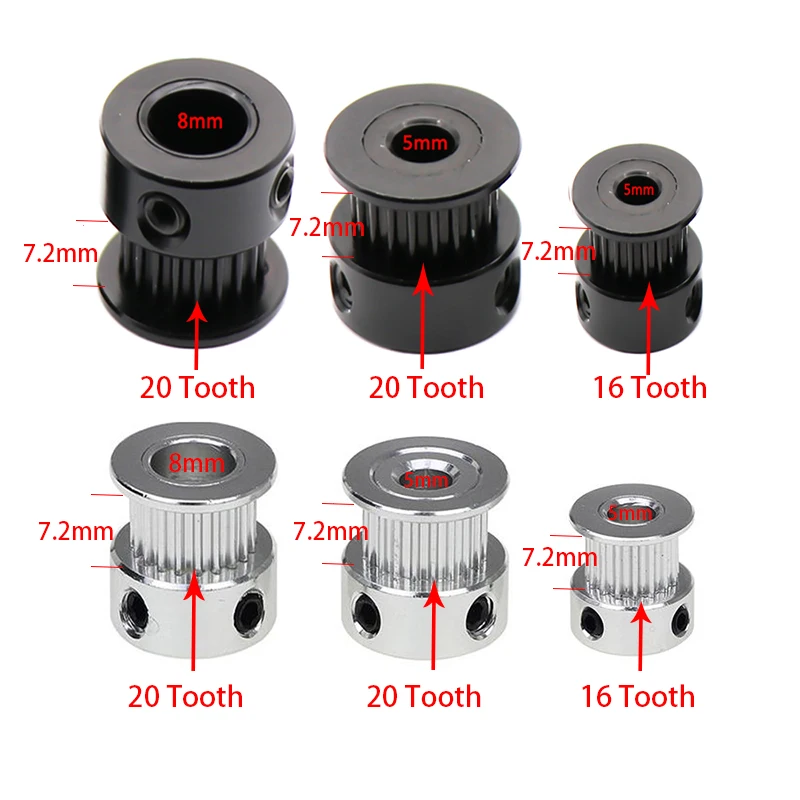 Polia de distribuição gt2, 8 peças, 4 peças de impressora 3d, 16/20 dente 2gt, furo de alumínio 5mm 8mm, peça de engrenagem síncrona para largura 6mm