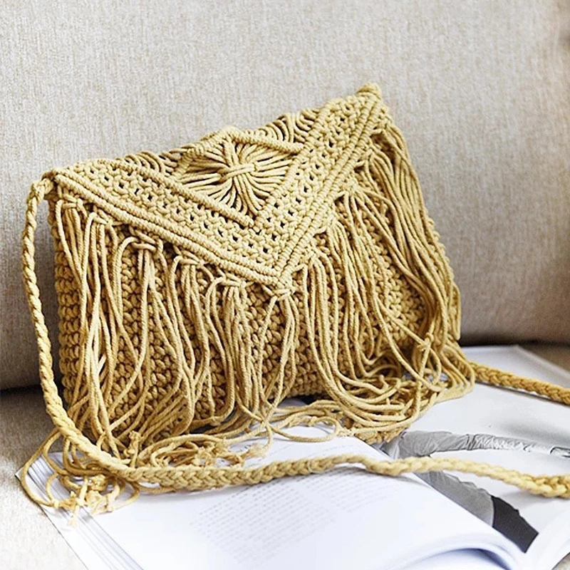 Summer Straw Woven Bags For Women Handmade Tassel Beach Crossbody Bag Raffia Rattan Knitted Travel Shoulder Messenger Bags Purse