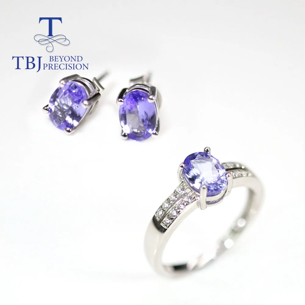 TBJ ,Natural Tanzanite jewelry set oval cut 5*7mm 3 pieces earring ring 925 sterling silver fine jewelry simple design for women