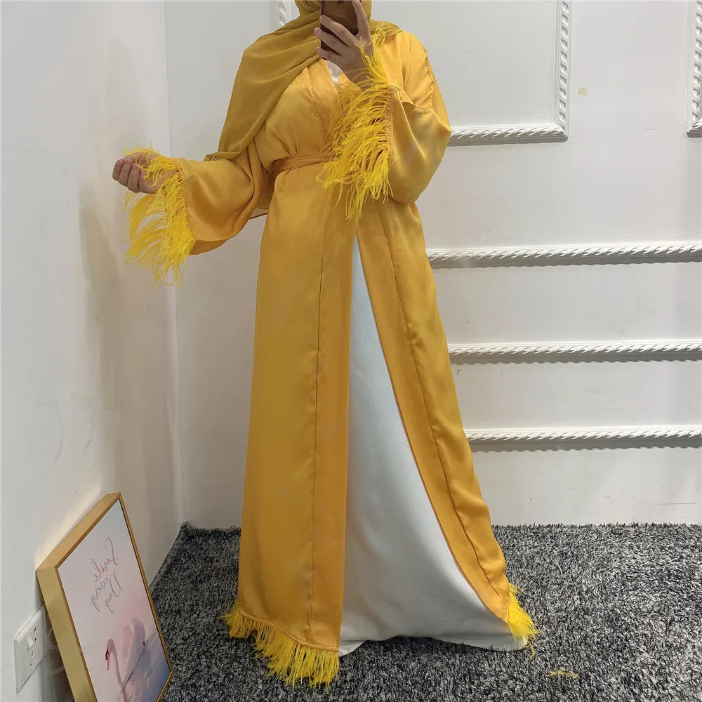 Elegant Muslim Women Open Kimono Arabic Abaya Islamic Clothing Dubai Caftan Maxi Robe Gown Ramadan Feather Edge Turkey Fashion