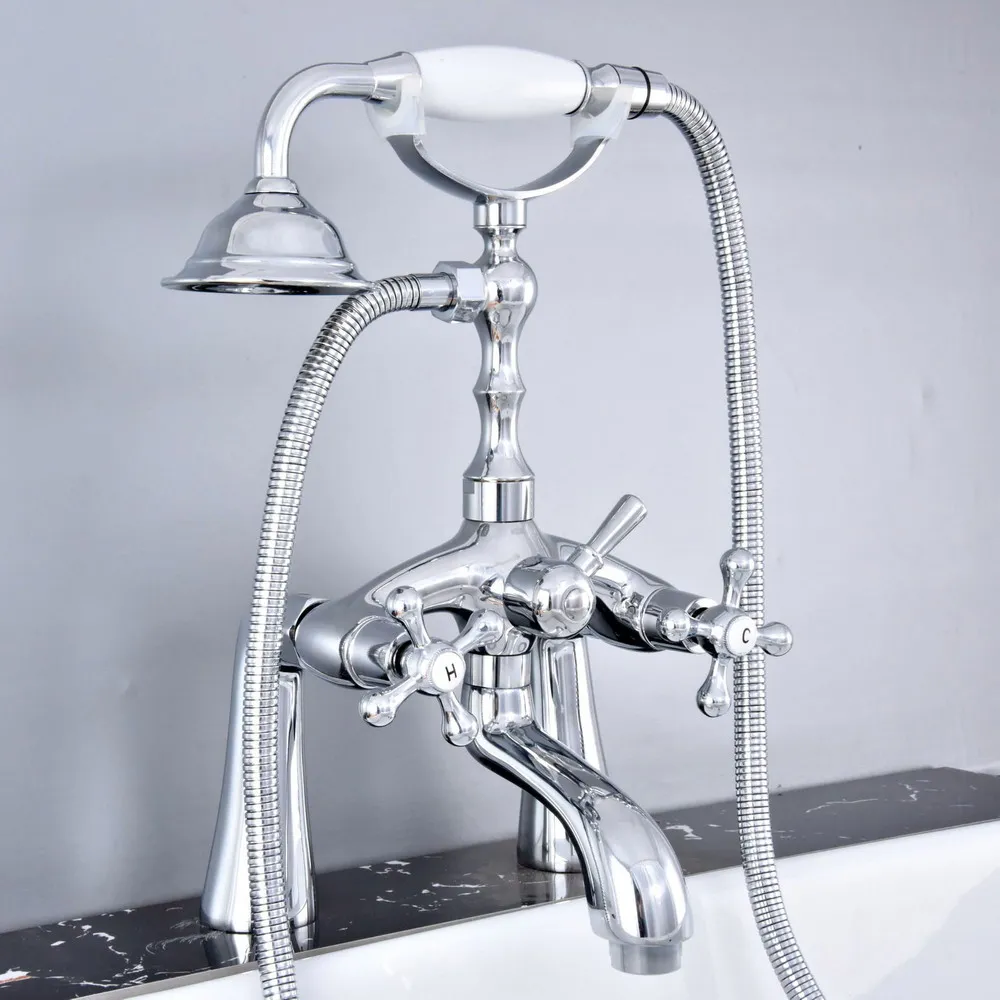 

Chrome Brass Deck Mounted Bathroom Tub Faucet Set with 1.5M Handheld Shower Spray Head Bath Mixer Tap 2tf757