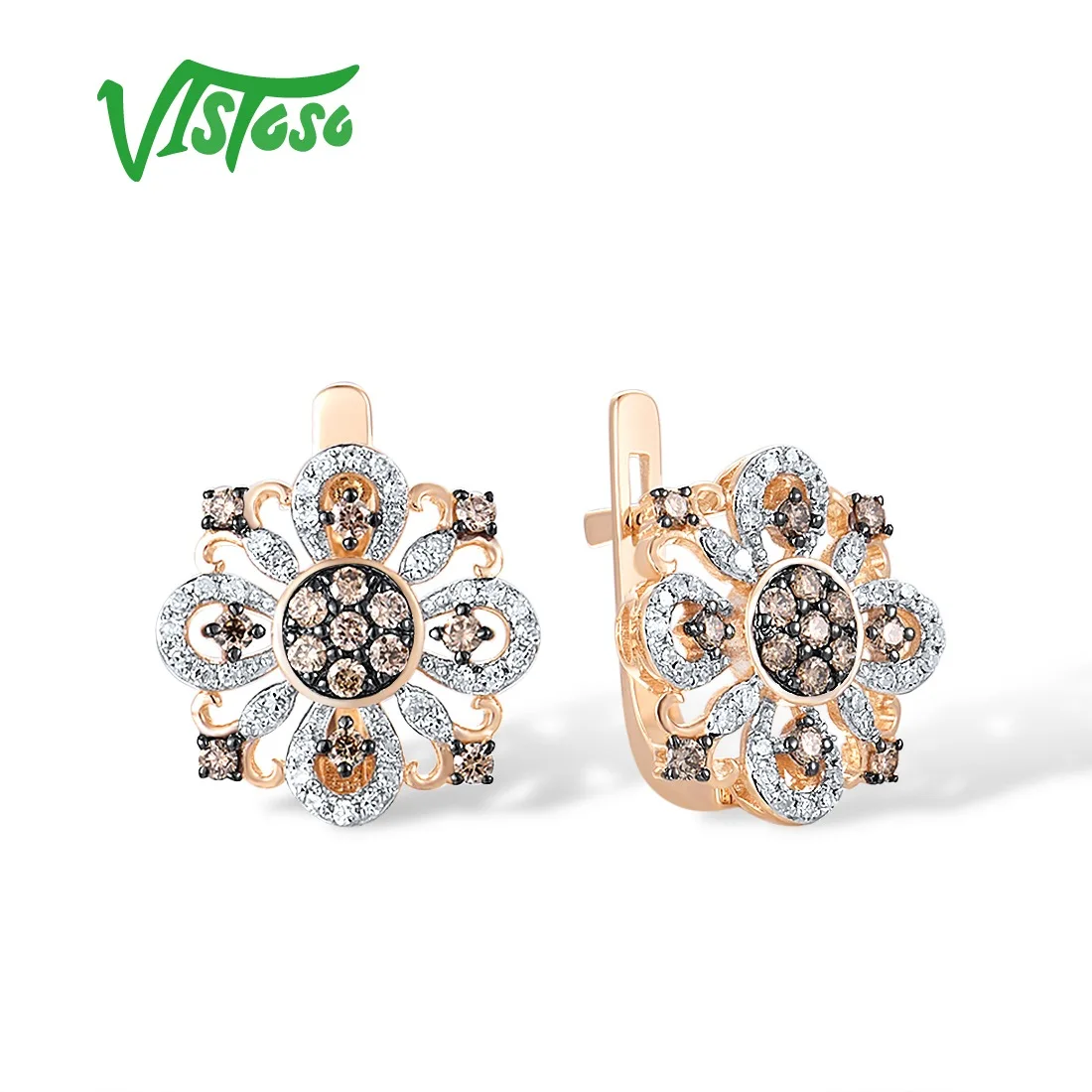 VISTOSO Pure14K 585 Rose Gold Earrings For Women Sparkling Diamond Brown Diamond Flower Earrings Delicate Trendy Fine Jewelry