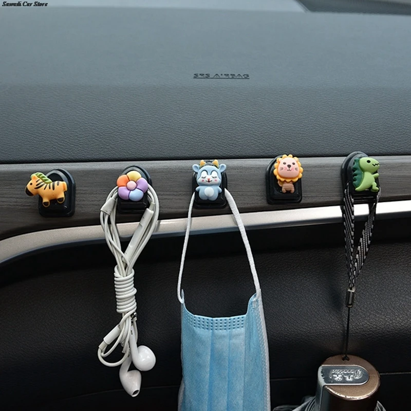 Cute Cartoon Animal Car Hook Organizer Sticky Clip Storage Hanger Holder Multifunctional Mini Adhesive Hook Car Dinosaur Lion