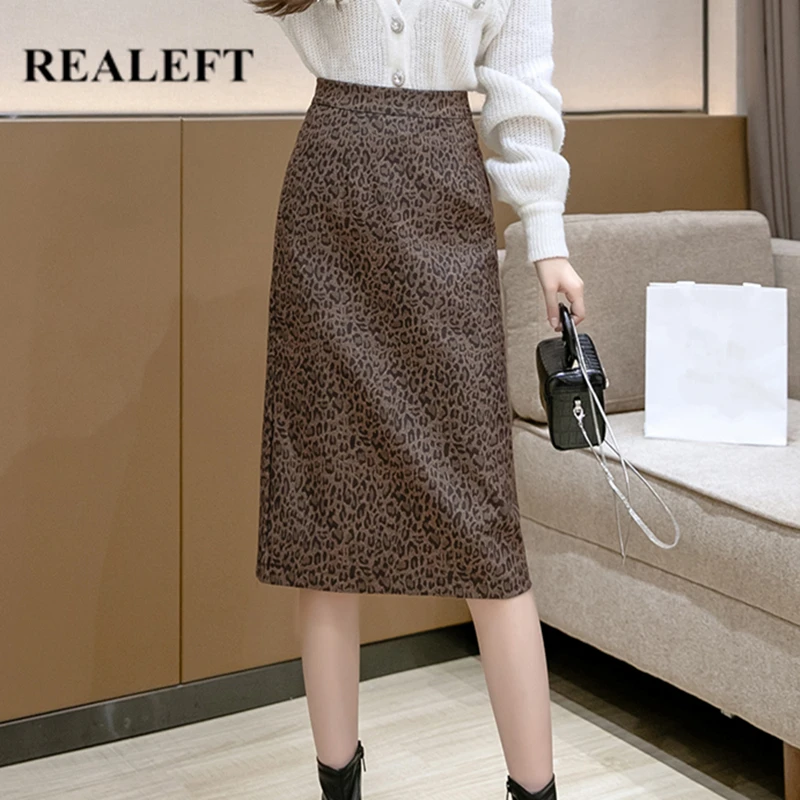 REALEFT 2020 New Autumn Winter Leopard Printed Woolen Women Skirts Vintage Back Split High Waist A-Line Wrap Midi Skirts Female