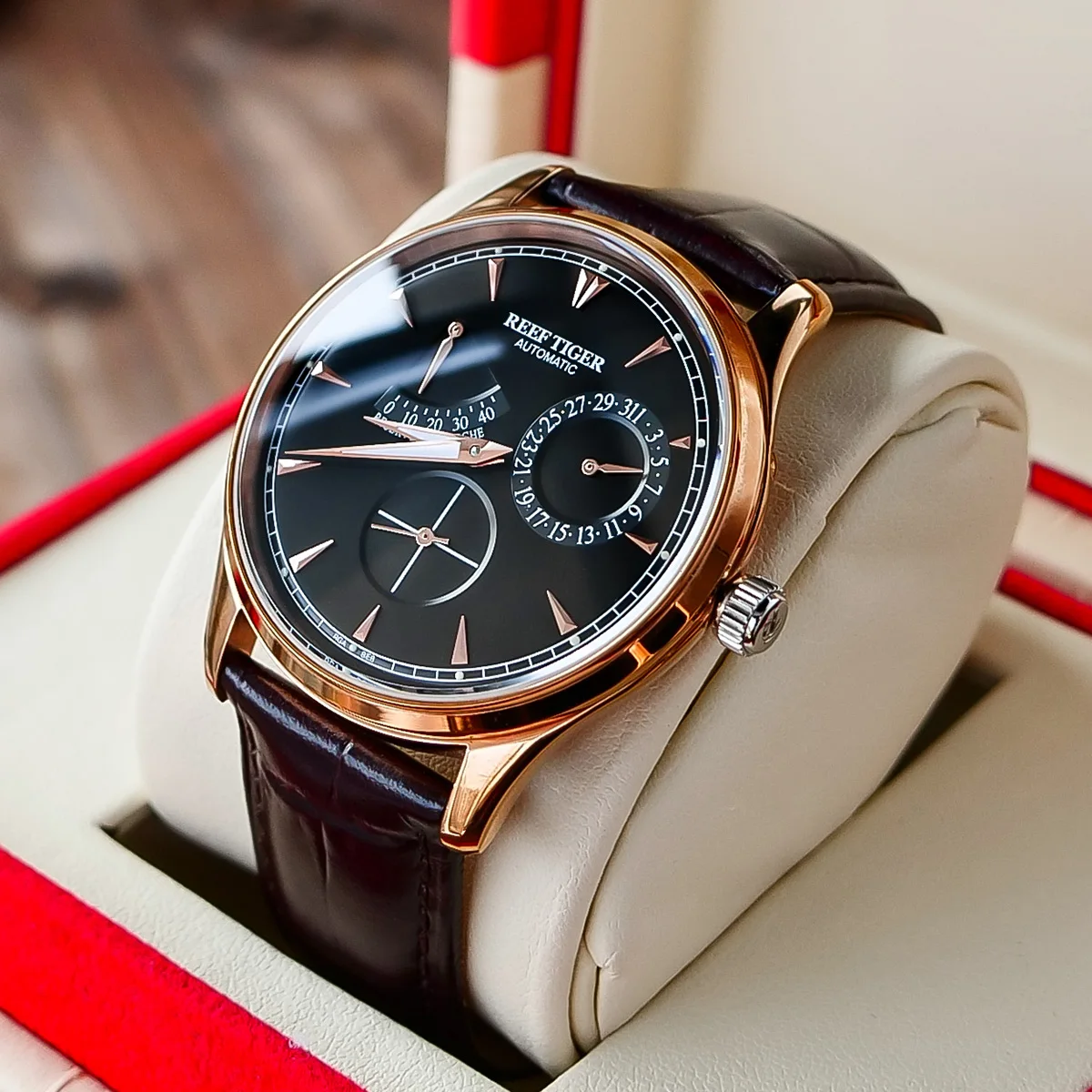 Reef Tiger/RT Elegant Mens Watch with Complete Calendar Power Reserve Rose Gold Automatic Watch RGA1980