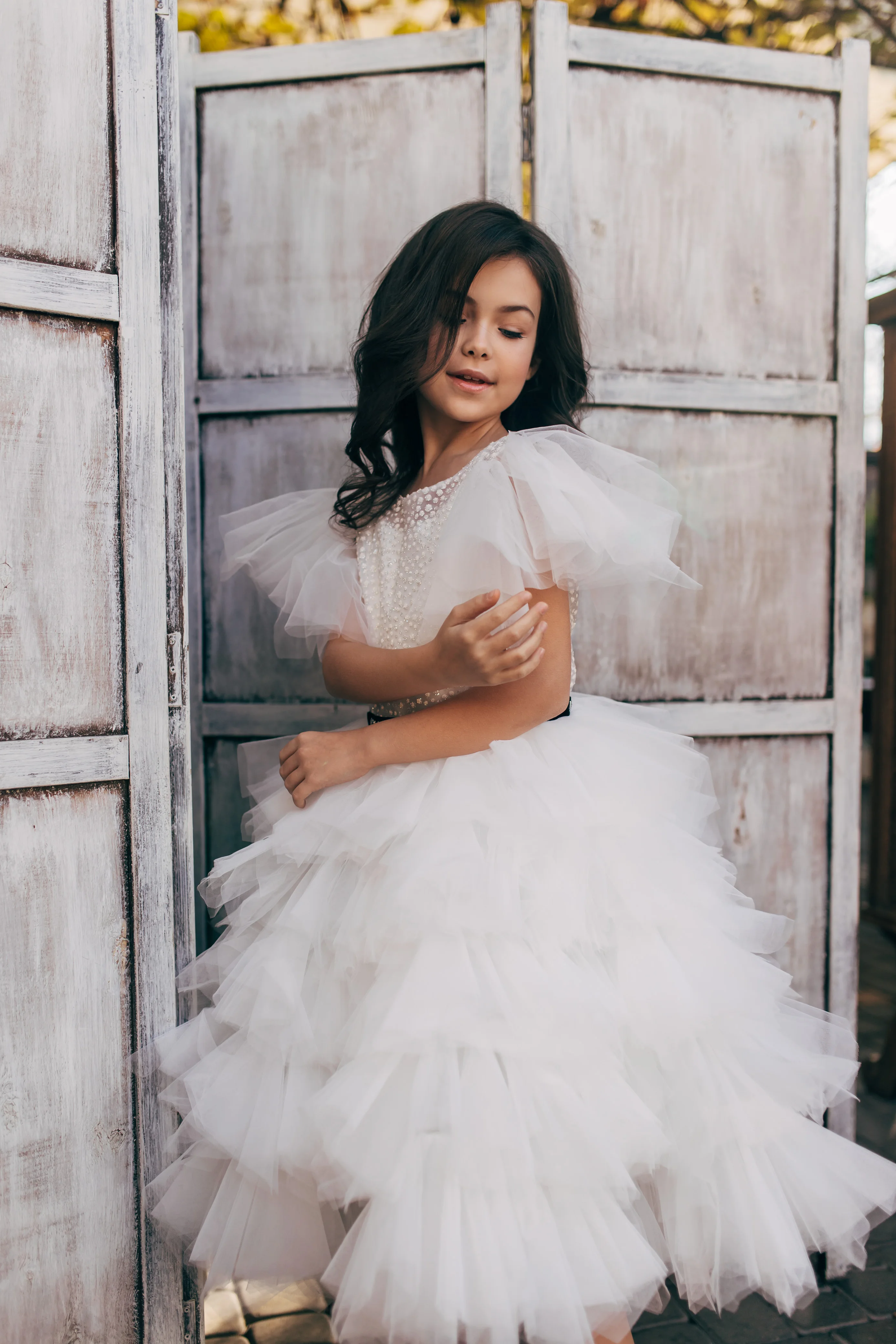 Robe trapèze à fleurs pour filles, en Tulle, à volants, sur mesure, à manches courtes, cadeau d'anniversaire pour petits enfants, robe de concours à plusieurs niveaux