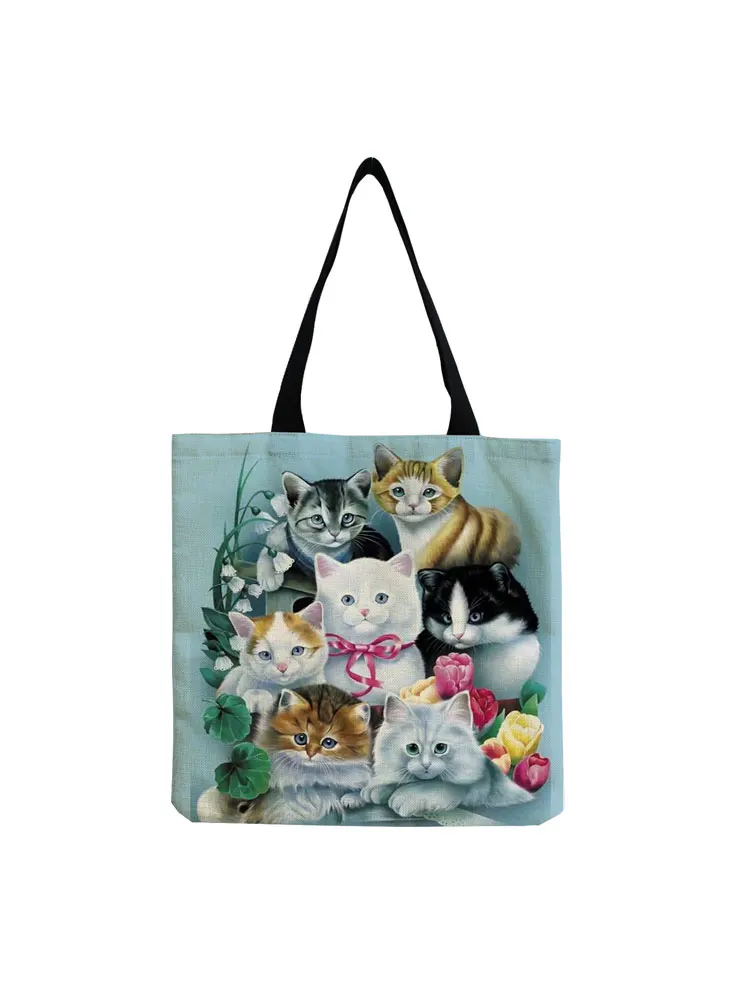 น่ารัก Cat Tote กระเป๋าสำหรับสุภาพสตรีขนาดใหญ่หญิงดอกไม้สัตว์พิมพ์กระเป๋าถือพับไหล่กระเป๋ารูปแบบที่กำหนดเอง