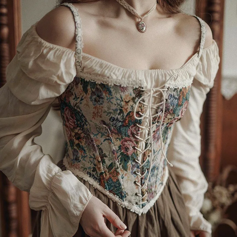 Vintage Floral Print Corset Flounce Irregular Suspender Cummerbunds Women Sexy Bodycon Boat Neck Jacquard Camisole