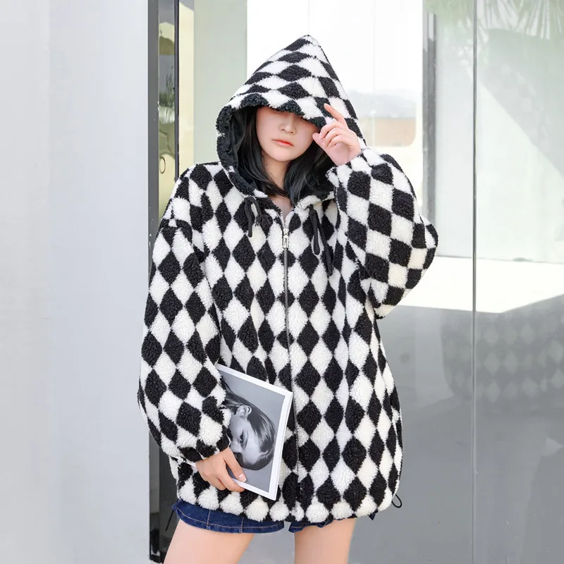 

2023 Autumn Winter Women casual Plaid Faux lamb fur Coat loose hooded Grain cashmere long sleeve female warm soft fur outerwear