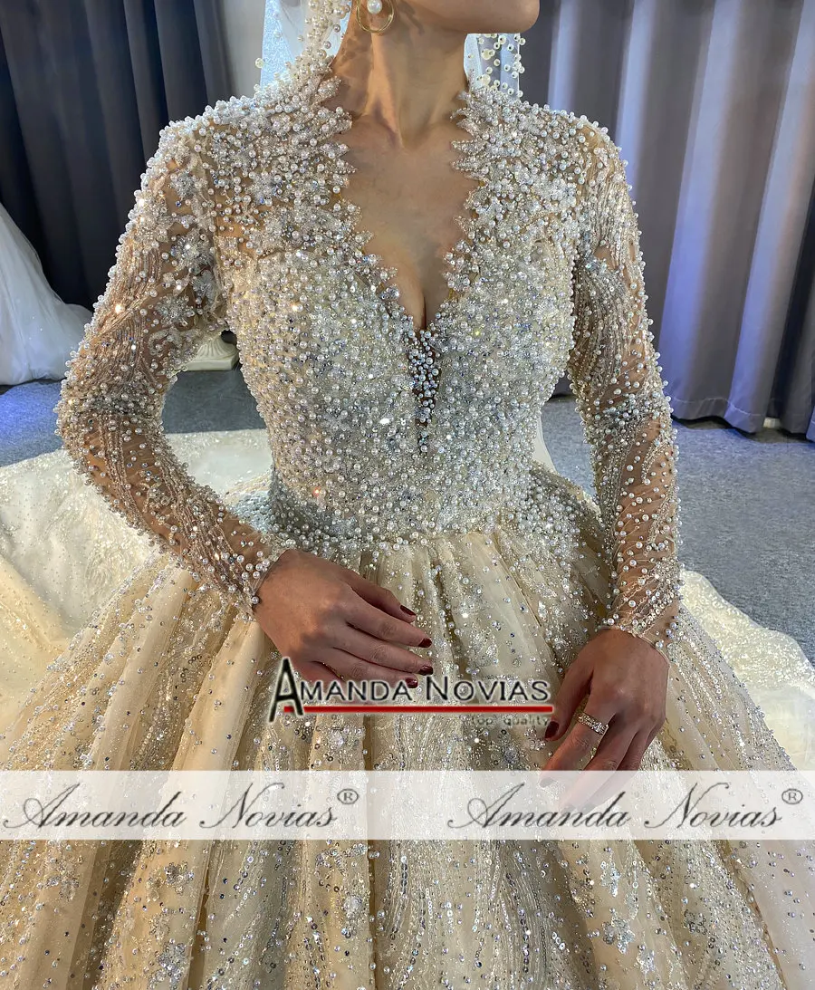 Customized Full Pearls Luxury Wedding Dress With Long Train Amanda Novias