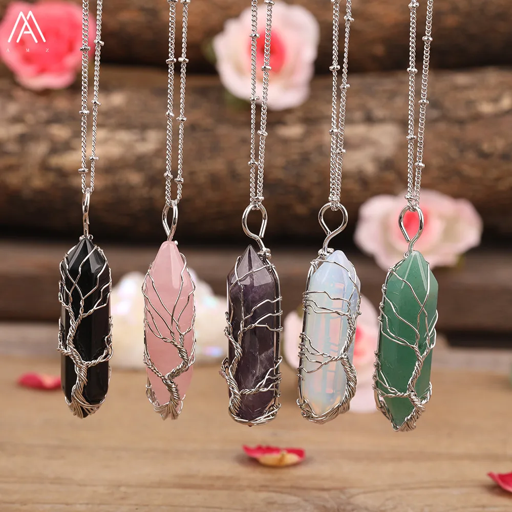 Collar clásico con colgante de árbol de la vida para mujer, cadena de cuentas de doble punto de bronce plateado, piedras preciosas naturales, joyería hecha a mano