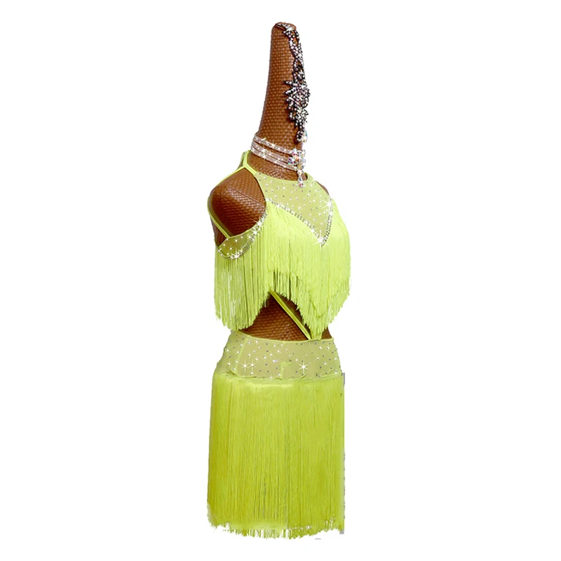 2021 Latin Dance Dress Fluorescent Yellow Fringe Competition Dresses Women Girls Cha Cha Rumba Dance Costume Stage Wear BL6745