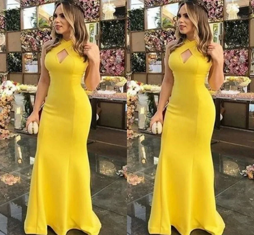 Simple Gold Yellow Mermaid Evening Dresses 2022 For Women Halter Soft Satin Pageant Gown Vestidos Robe De Soiree