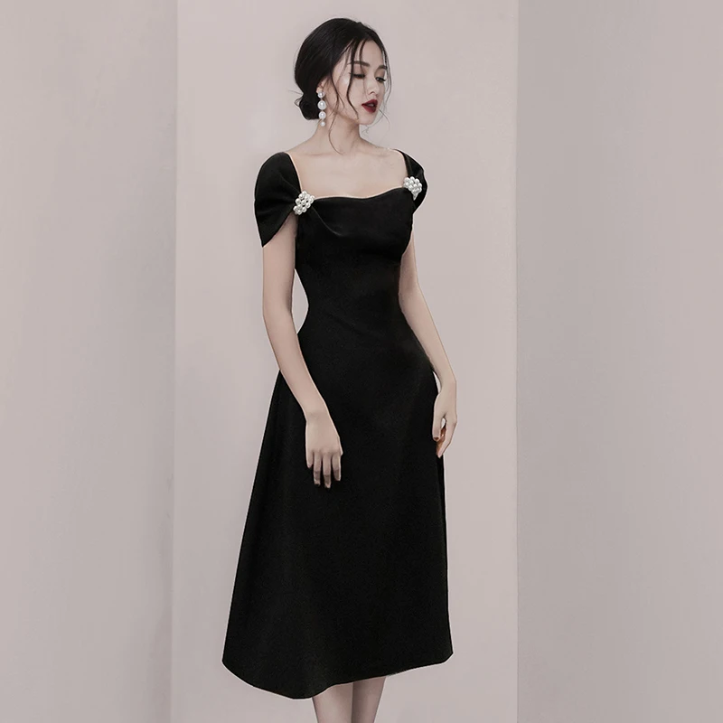 High Quality Autumn France Black Long Dress New Runway Women Square Collar Pearls Beaded Short Sleeve Slim Waist Party Vestidos